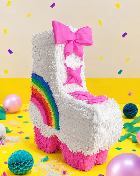 Piñata con forma de patín de ruedas blanco, con un lazo rosa y un arcoíris en el lateral, sobre el suelo de un estudio amarillo con globos, bolas de papel y confeti.